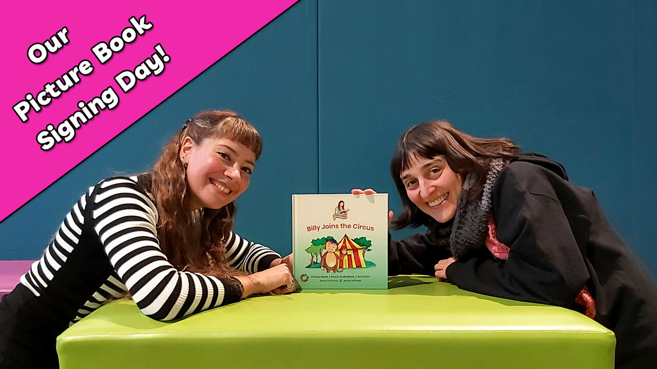 Anna Christina and Jenika Ioffreda from Music Audio Stories signing First Edition picture books image