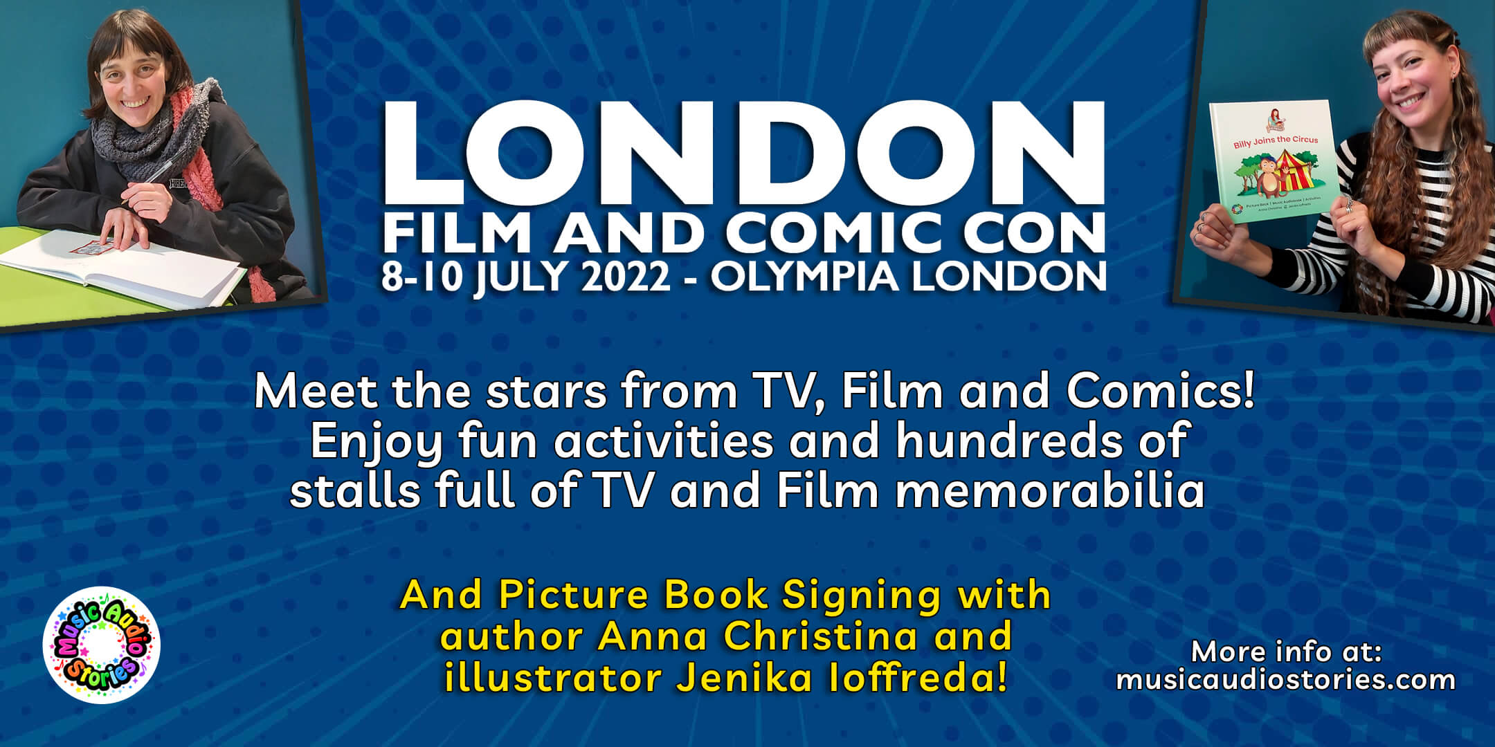 Author Anna Christina and illustrator Jenika Ioffreda at Showmasters London Film & Comic Con at Olympia London banner image